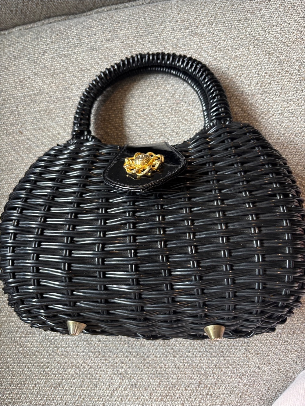 Black Woven Top-Handle Women's Bag with Gold Accent